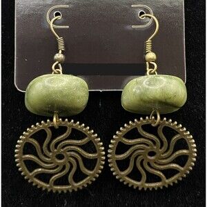 Handmade Sun Gear & Green Stone Bronze Tone Earrings by Neanie-Bot